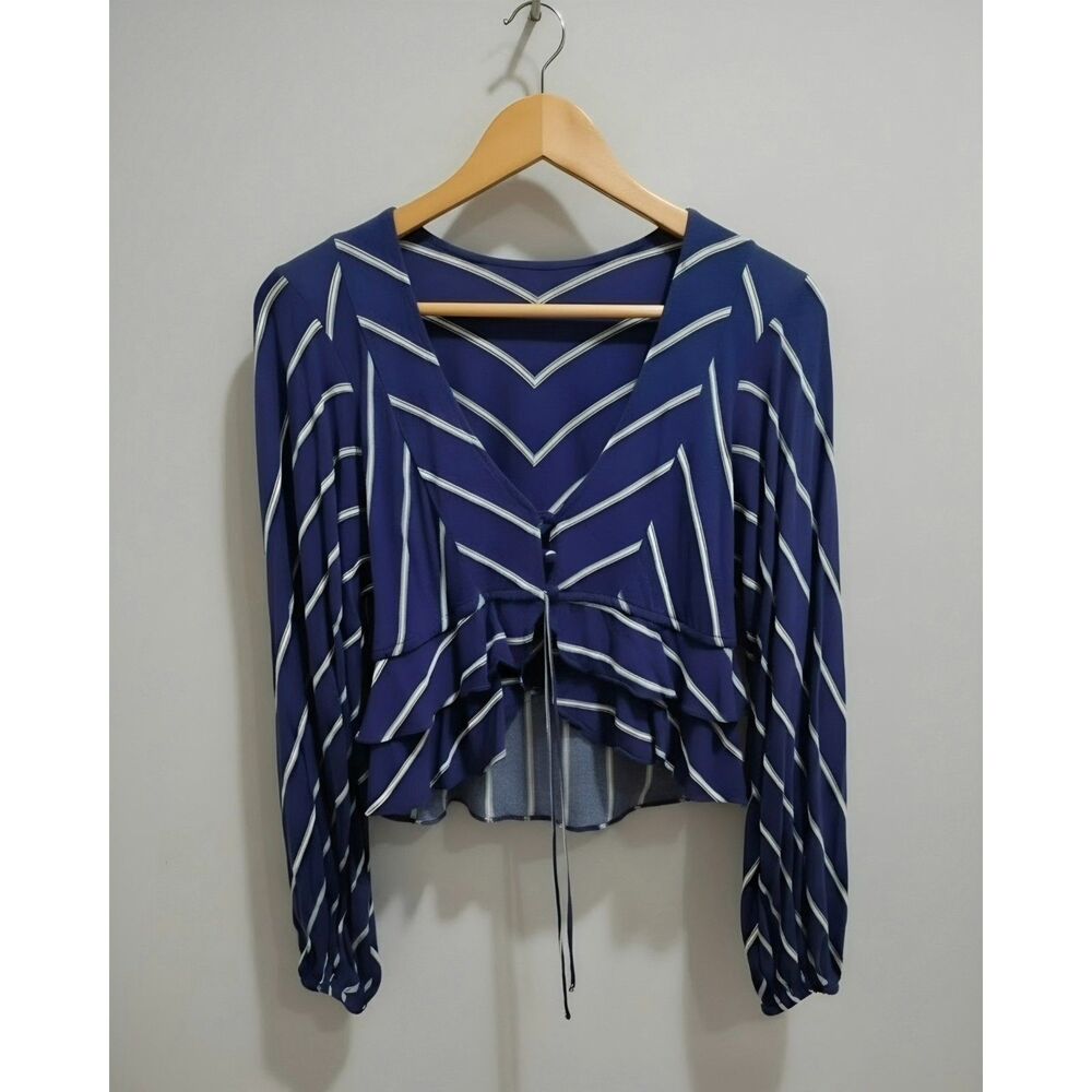 Free People The Blue Chevron Striped Ruffle Tie Front Crop Blouse Size S